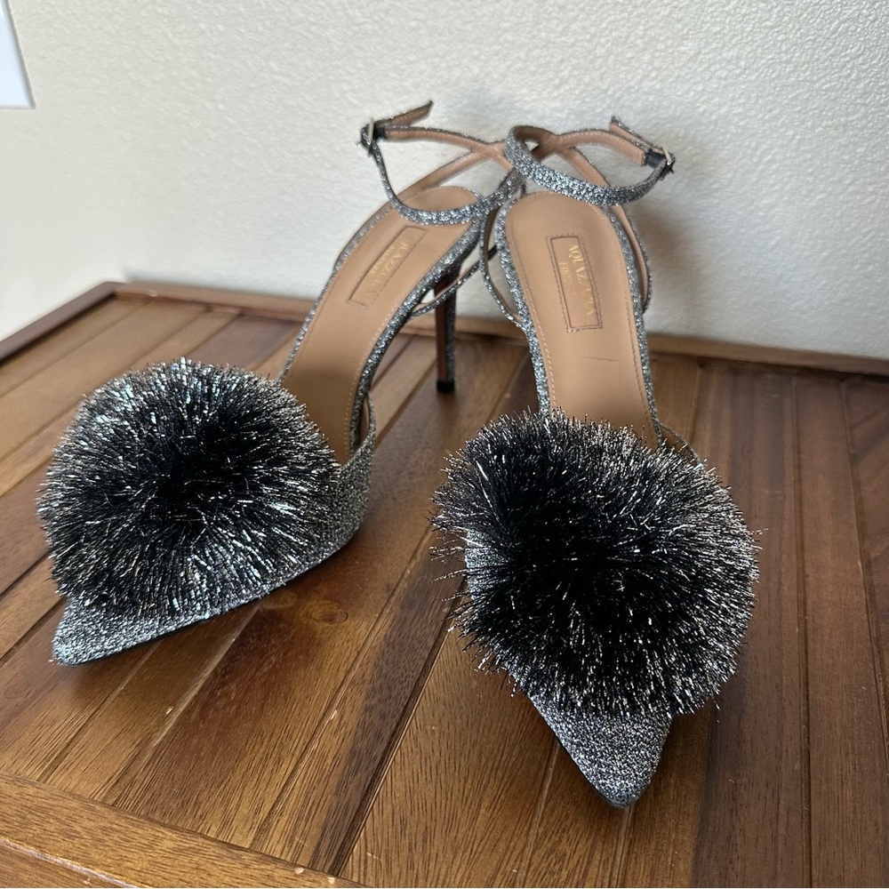 Aquazzura Firenze Silver Sparkly Metallic Powder Puff Slingback 38.5 - Picture 16 of 16